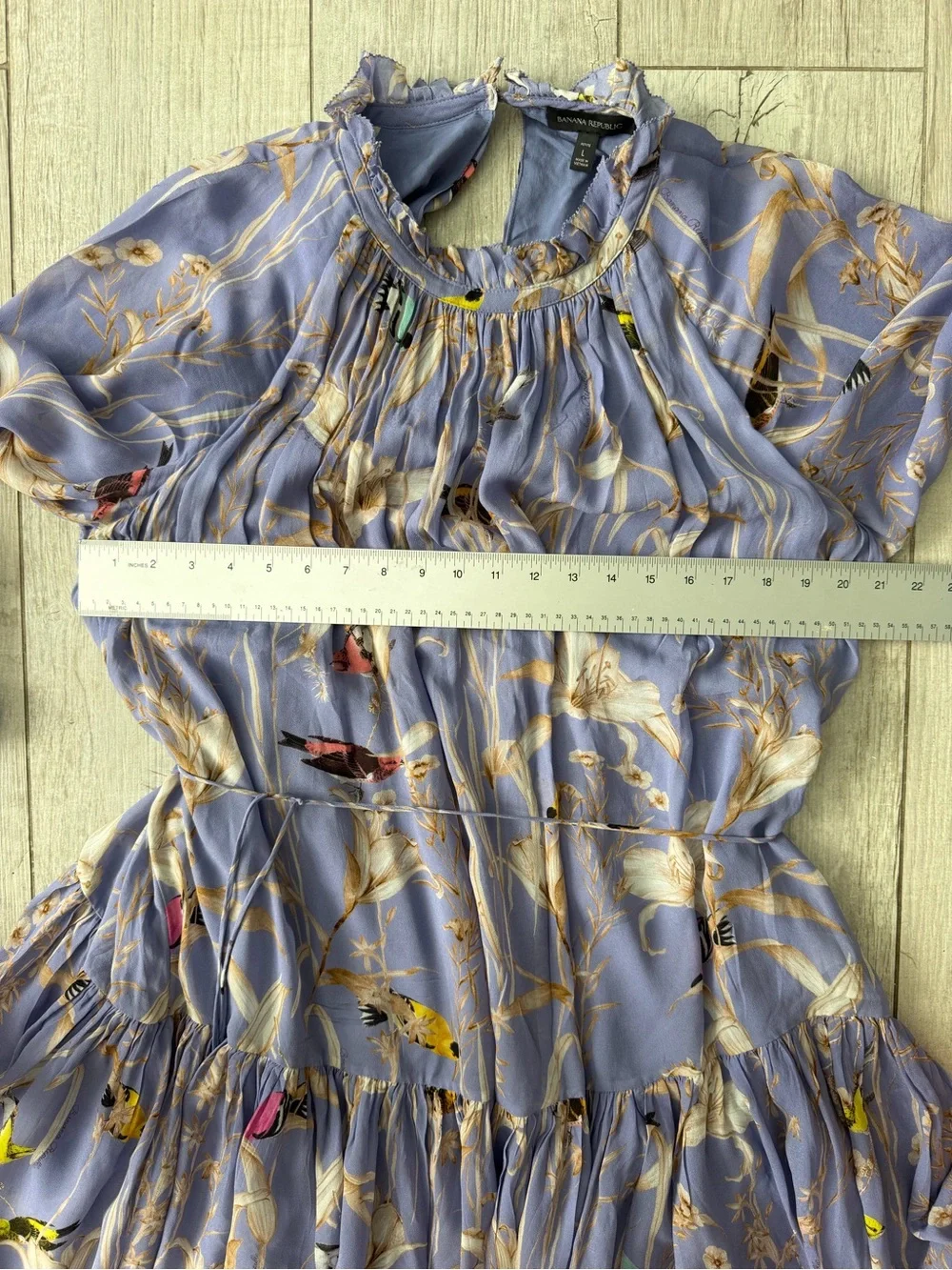 Banana Republic Floral Bird Print Ruffle Mini Dress Petite Large Purple EUC